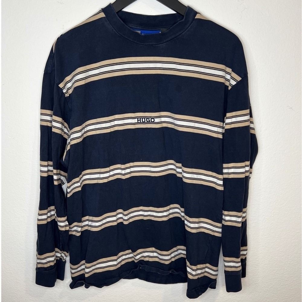 HUGO Mens Long Sleeve T-Shirt Embroidered Logo Striped Navy Tan Large
